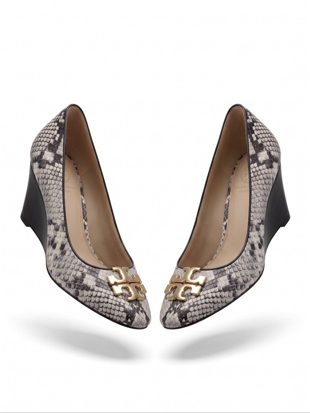 Tory Burch Snake-Print Wedge Pumps with Gold Logo